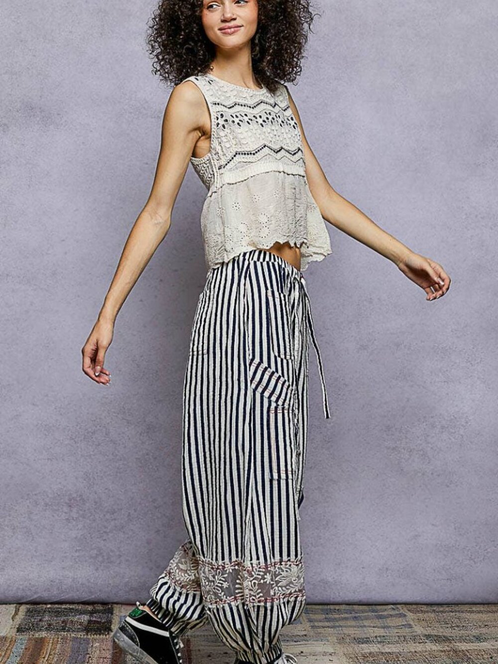 NEW POL Double Gauze Lace See-Through Patch Navy Stripe Woven Pants - Picture 4 of 13